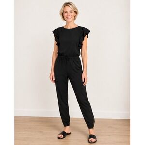 ALBION Jetset Jumpsuit Black Ruffle Flutter Sleeve Ankle Zip Large‎